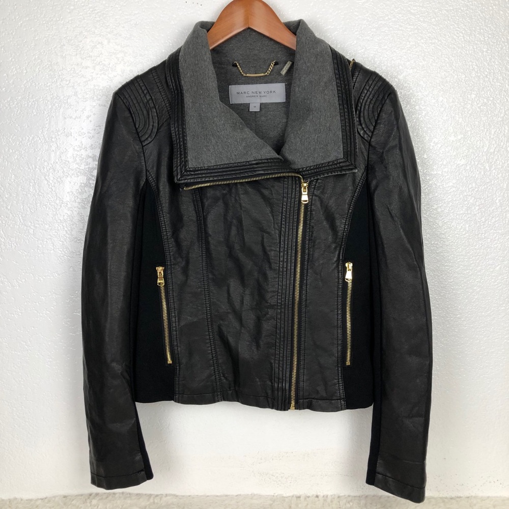 ANDREW MARC Black Faux leather Zip Jacket Size M